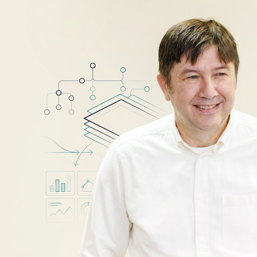 Portrait of Nicolae Cretu with abstract organizational system overlays
